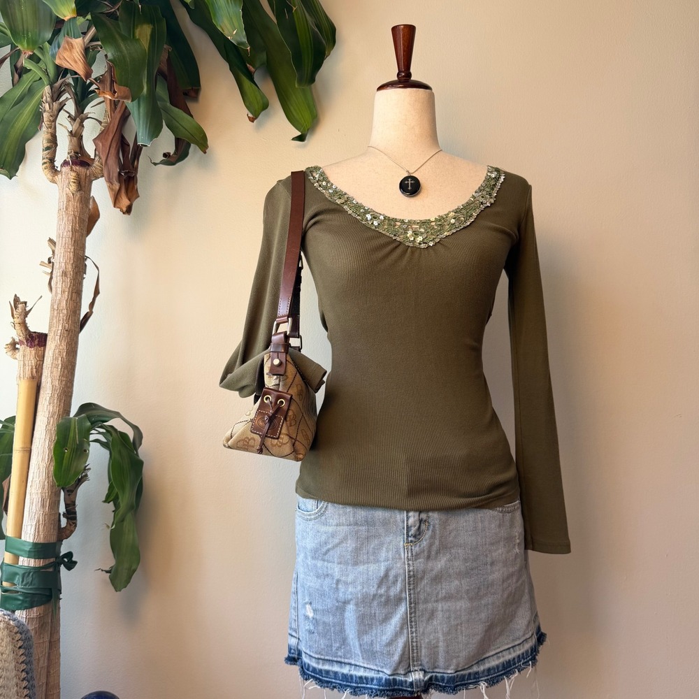 Olive Green Beaded Sequin Long Sleeve Top Crochet  Lace Trim Fairycore Small